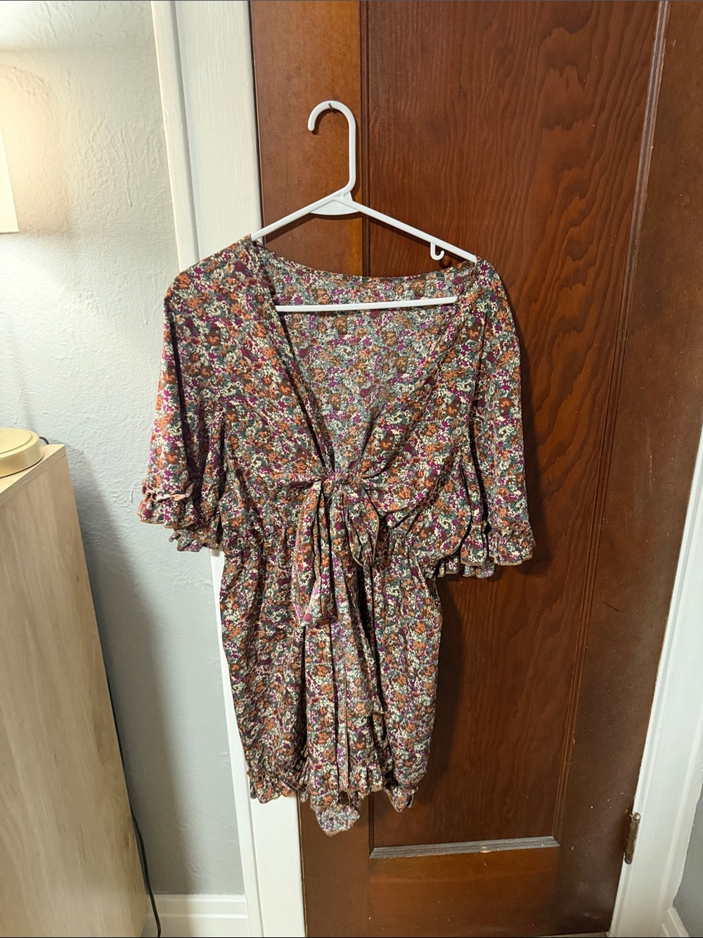 SHEIN Floral Tie-Front Tunic in Brown and Pink